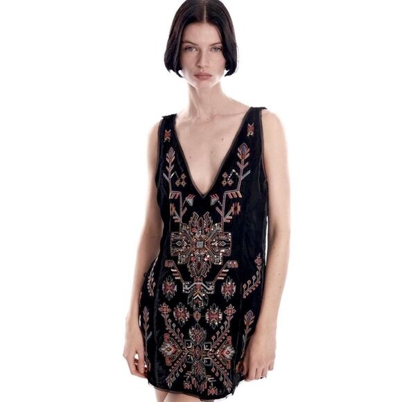Zara Velvet Dress Black Aztec Beaded Sequin Sleeveless Whimsigoth Mini - Picture 4 of 12